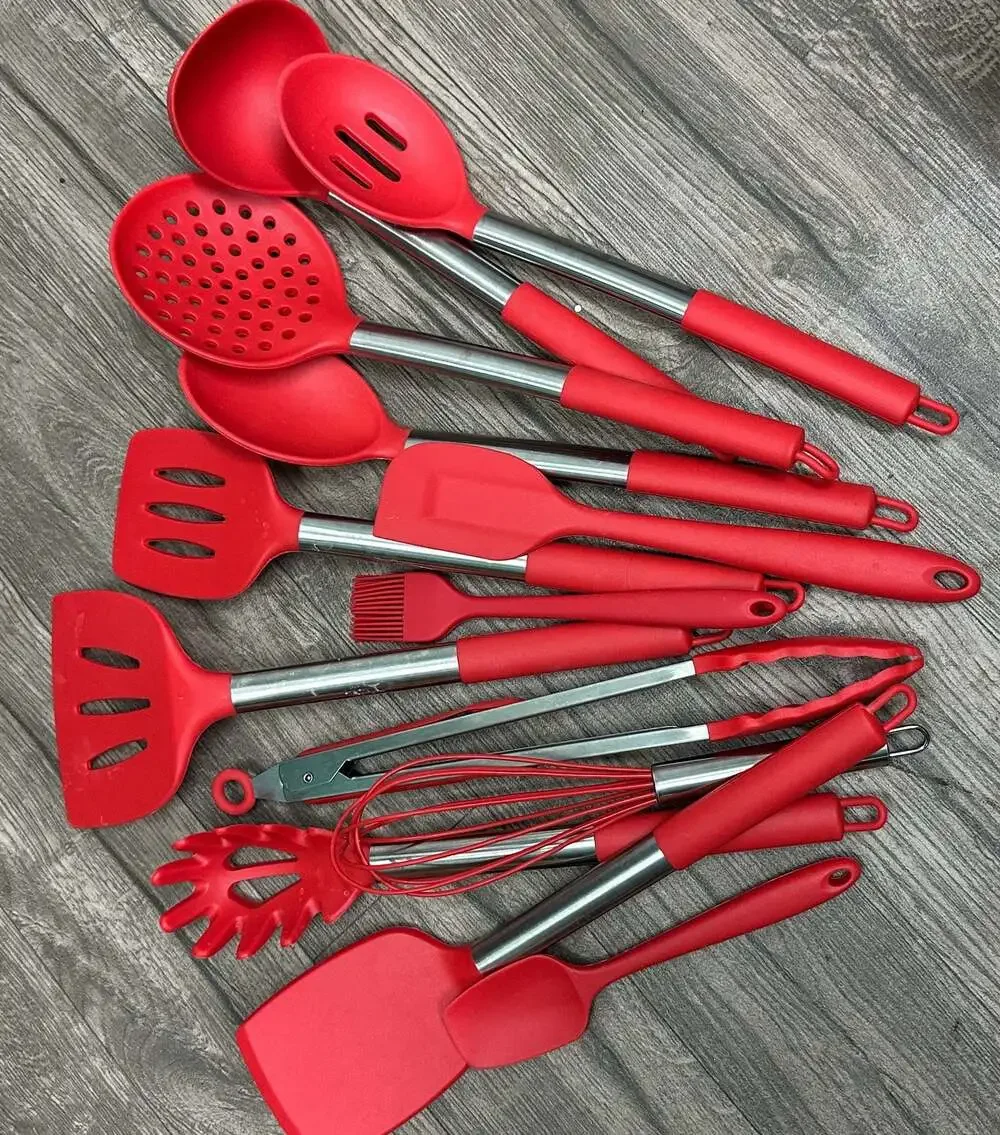 Red Silicone and Stainless Steel Kitchen Cooking Utensil Set with Holder